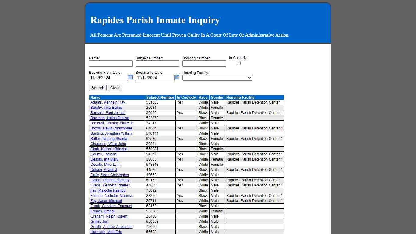 Rapides Parish Inmate Inquiry - 12.189.45.22